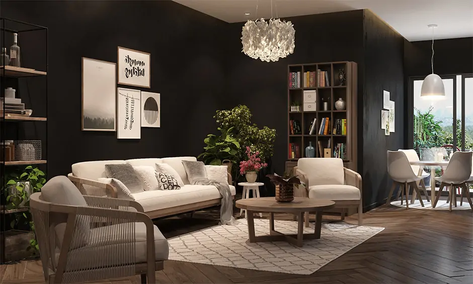 Elegant open living room wall is in midnight black colour combination with a metallic accent