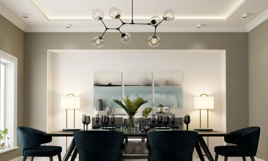 Minimal fall ceiling design with luxe lights looks aesthetic is the latest fall ceiling design for dining hall