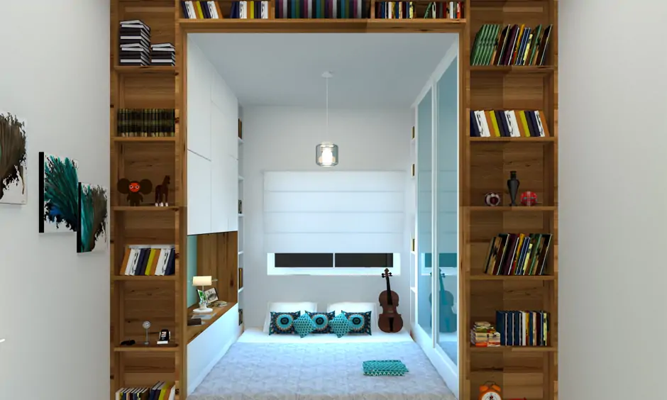 Modern book storage consists of drawers and open shelves on three sides
