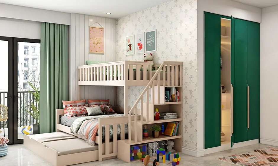 Modern interior design for kids bedroom with side storage shelves