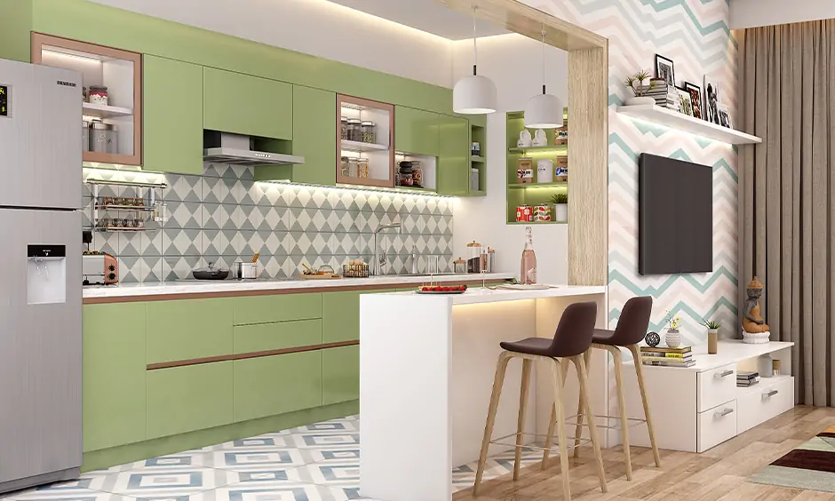 Modern interior design for kitchen with breakfast counter in cool green