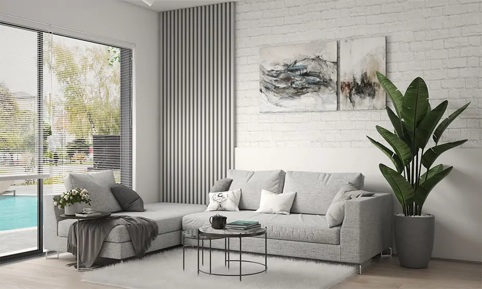 Corner grey colour l shaped sofa for small living room relaxed seating arrangement.
