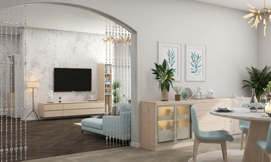 Bejewelled modern living room partition, elegantly dividing spaces