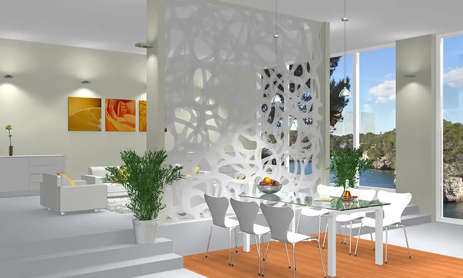 Modern partition design for living room and dining hall in geometric cutwork is perfect fit