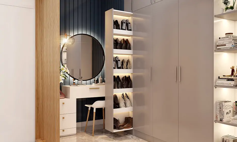 Modern interior design for wardrobe with a pull-out shoe rack