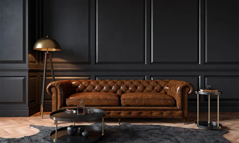 Combination with black colour the dark brown sofa set against a black wall creates a romantic ambience