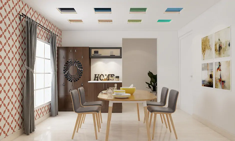 Muticoloured square glass ceiling design in dining area