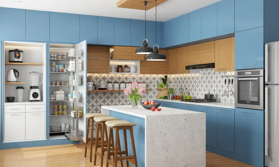 Narrow kitchen island with wooden stool seating for a stylish look