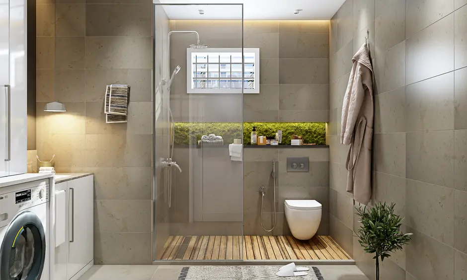Bathroom has nature-inspired decor, such as earthy wall colours and a few indoor plants