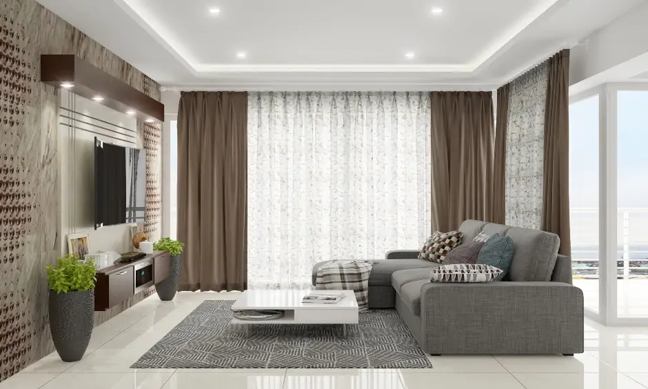 Neutral colour modern double curtains for living room with a delicate pattern on the white curtains look calm and beautiful.