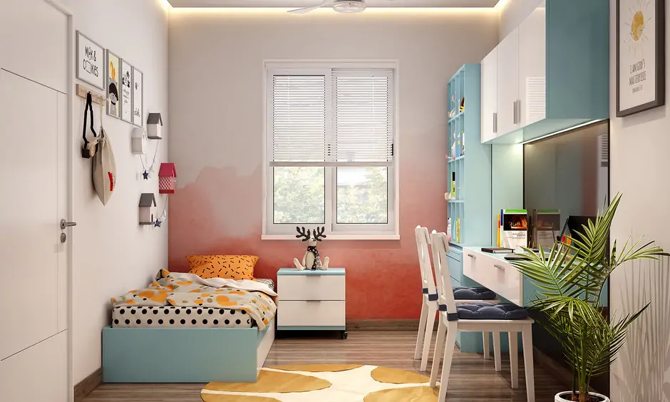 Orange bedroom in a gradient hue with blue furnishing for a whimsy touch