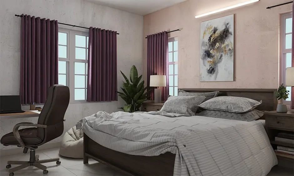 Pale pink accent wall color with gray interiors blends well