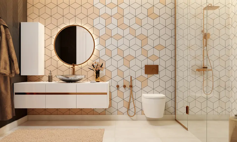 Light and dark peach colour combination for bathroom wall gives sophisticated play of shades