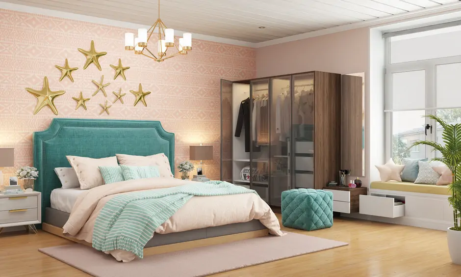 Peach colour combinations on bedroom walls in intricate patterns foster serene and inviting feel