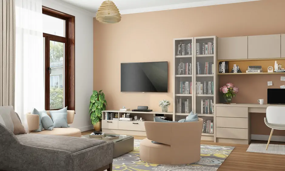 Peach colour combination for living room creates a cosy yet vibrant ambience