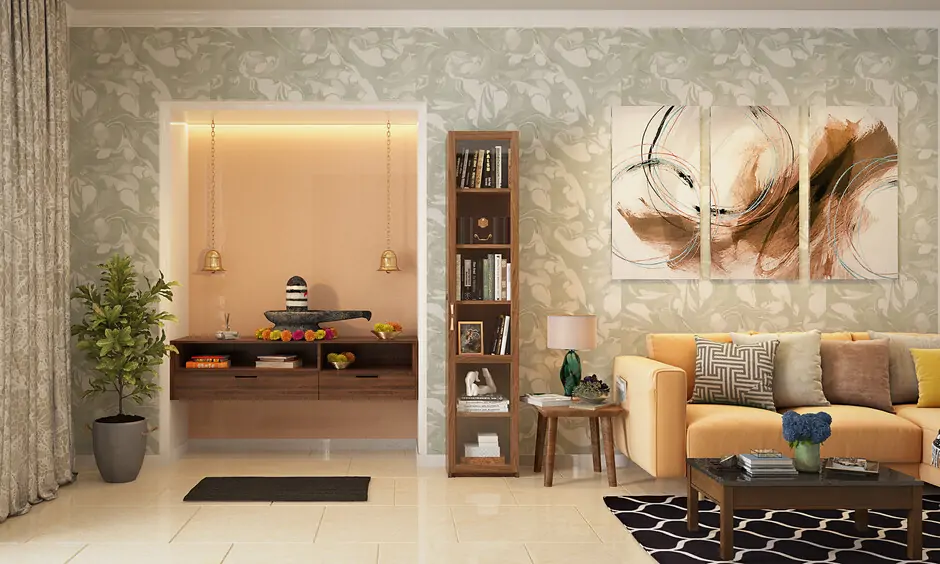 Light peach colour wall paint combination ushers serene atmosphere in the pooja room