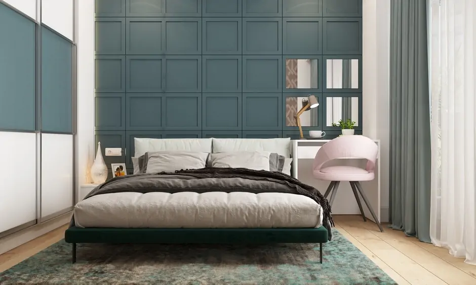Platform bed frame design in green colour for a minimalistic look