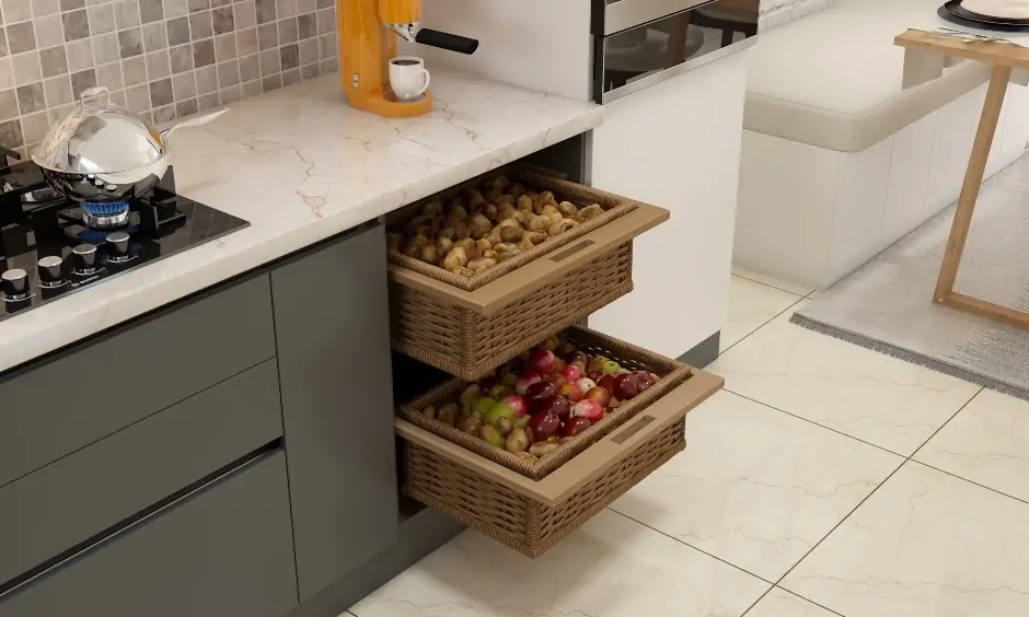 Pull out wicker baskets for kitchen cabinets for organising pantry items