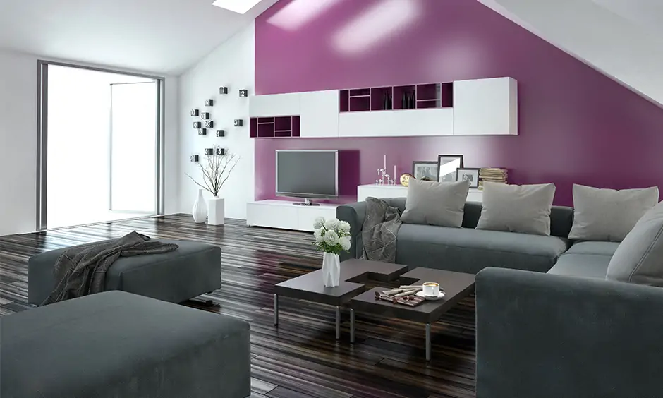 Purple & White is living room wall colour combination a match made at home