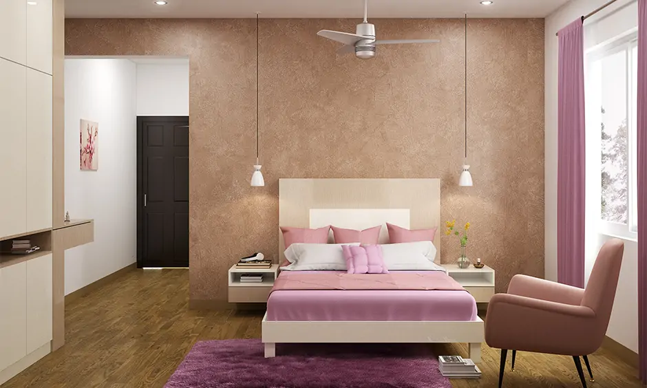 Peach colour combination for bedroom walls with purple accents