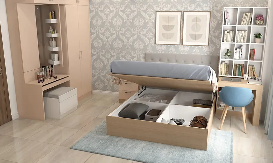 Queen-size bed with hydraulic storage perfectly blends style and functionality