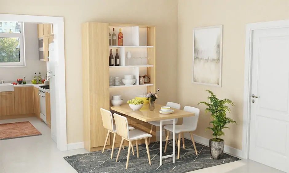 Wall-mounted rectangular folding dining table with hidden storage for compact space