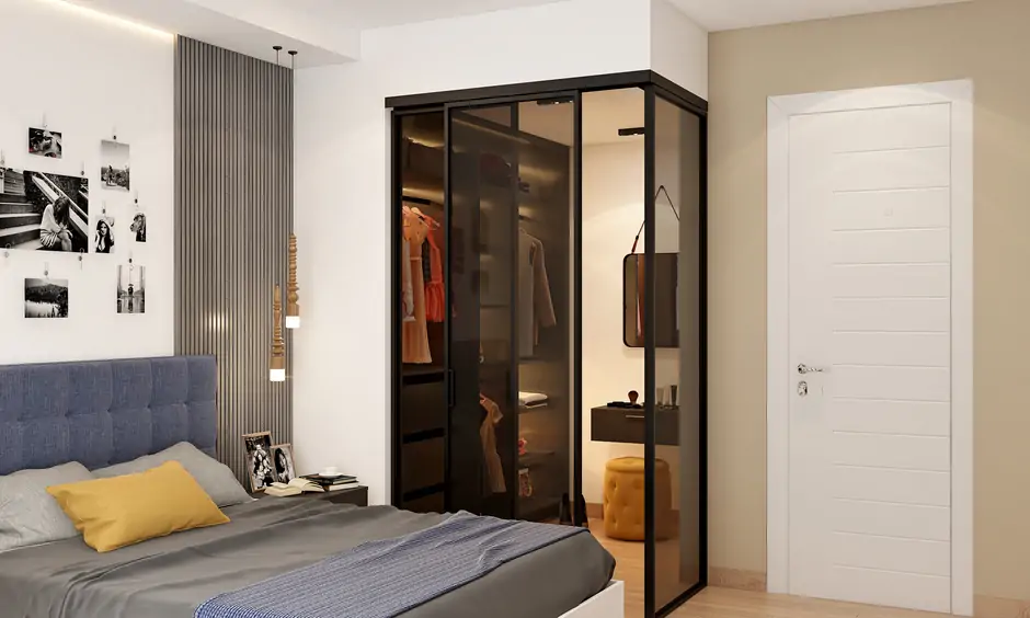 Royal ivory colour infuses depth and visual interest in the bedroom with a black smart-walk-in closet