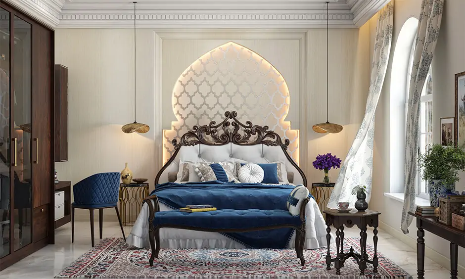 Sagwan wood bed with intricate headboard and traditional Rajasthani end tables