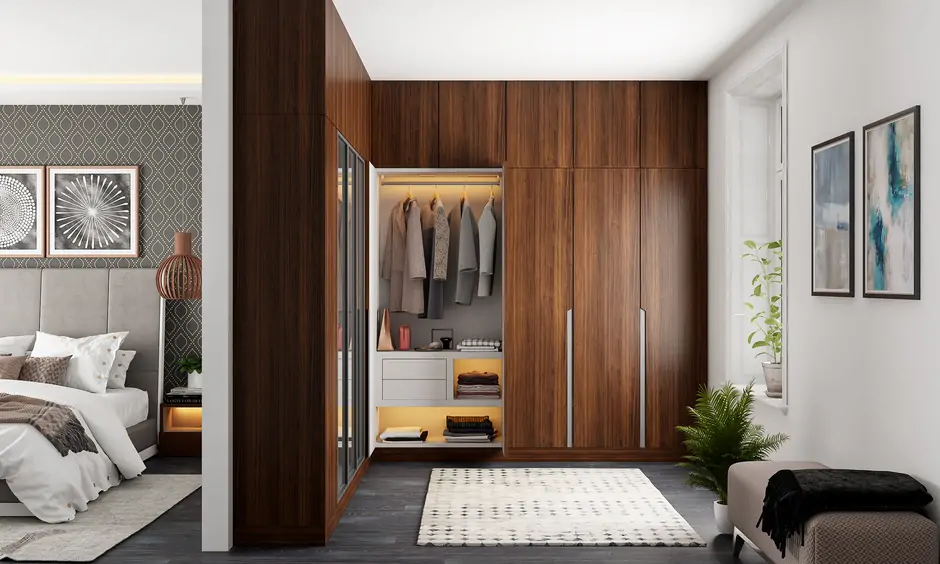 L-shaped sagwan wood wardrobe with ample storage space