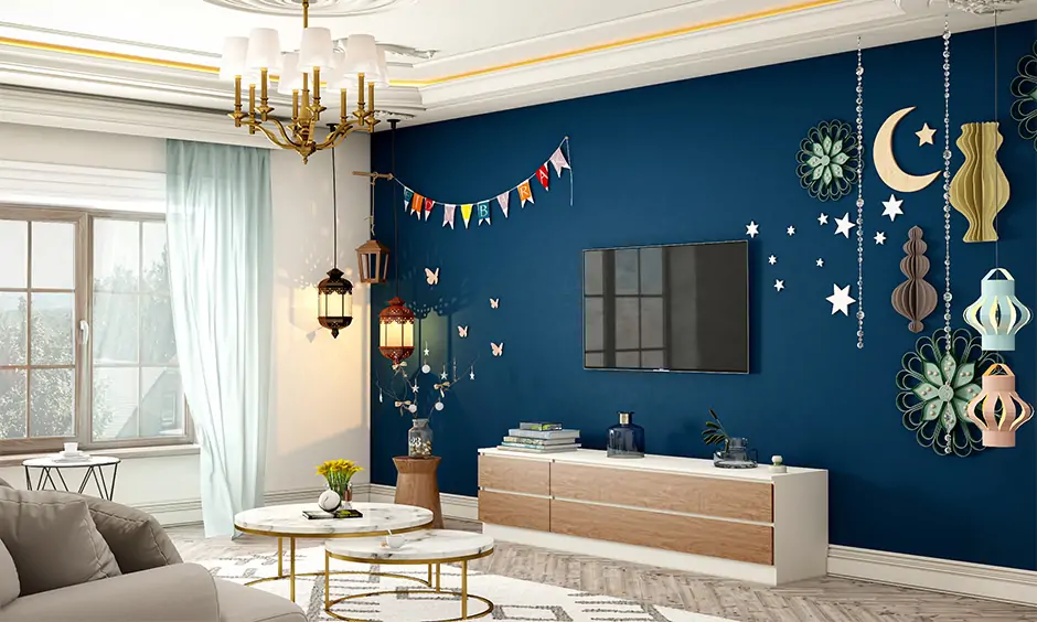 Eid diy decorations on the living room wall with stars and a crescent moon made from origami papers look vibrant