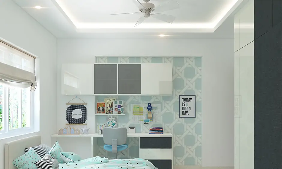 Simple false ceiling design for kids bedroom lends a neat and structured look to space.