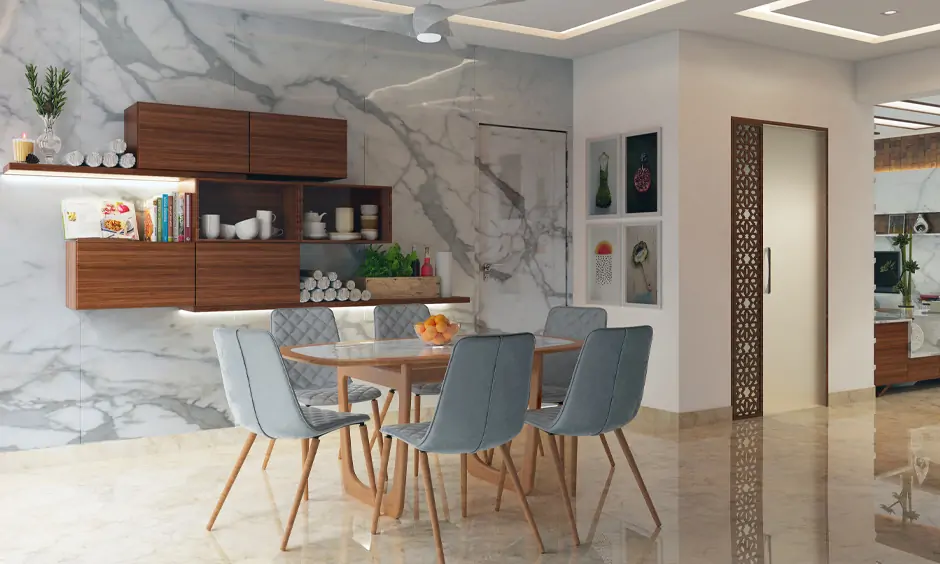 Simple small dining room ideas add a touch of luxury through Italian marble walls