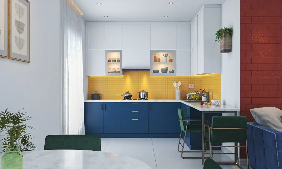 Small l-shaped modular kitchen with a dining spot perfectly fits couples