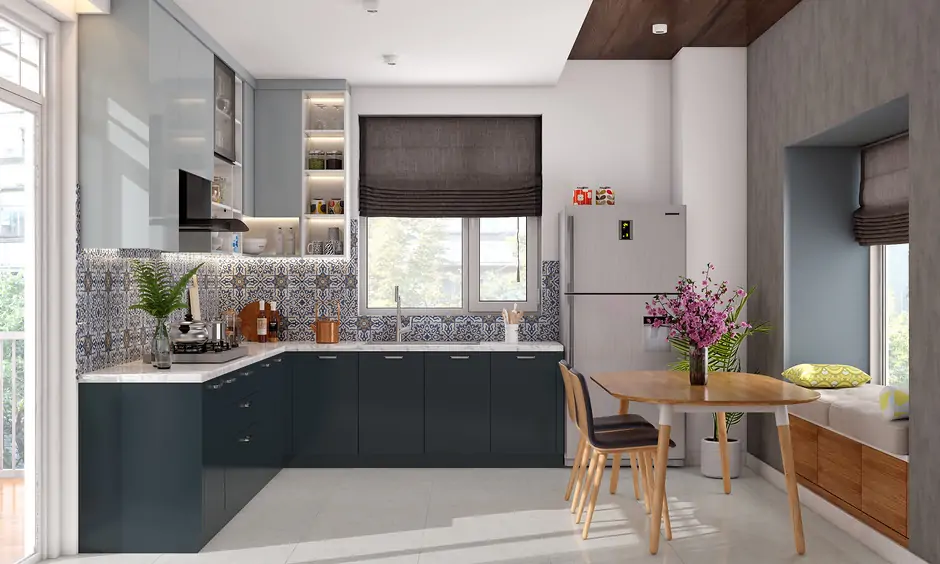 Small l-shaped modular kitchen with a dining spot perfectly fits couples