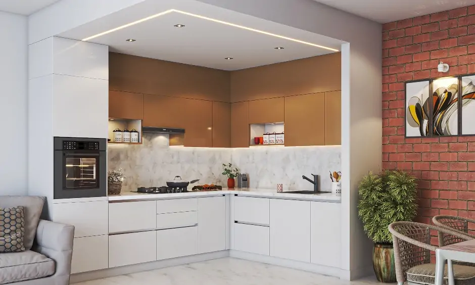 Small l-shaped open kitchen design which utilises corners perfect for studio apartment