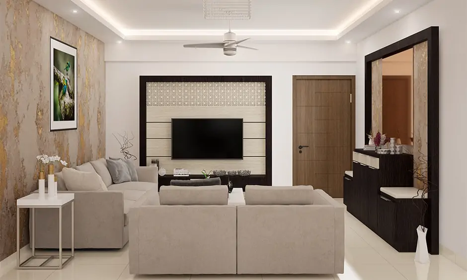 Small living room arrangement, living room with grey sofa set fitting brilliantly in the available space.