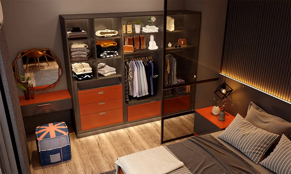 A small walk-in closet featuring a mirror, matching stools, and a low-pile carpet creates a customised ambience