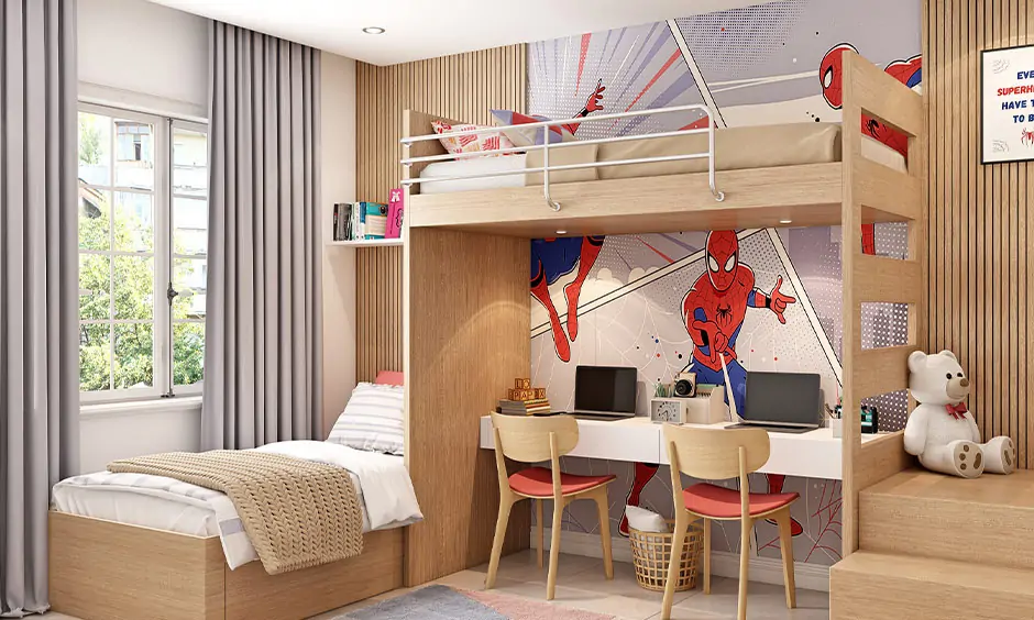 Solid wood bunk bed integrated with desk underneath and spider-man-themed wall