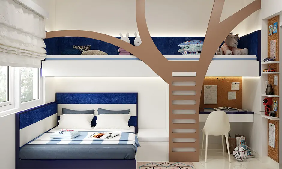 The kids' room has a bunk bed with an attached study unit that is space-saving cool kids' bedroom furniture.