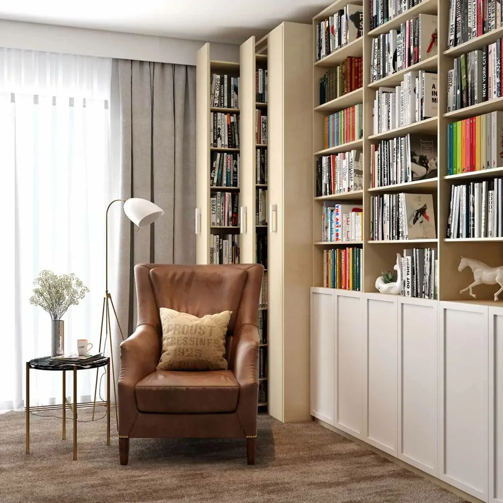 Space saving storage ideas shelves of books that can be discreetly hidden and pulled out when needed