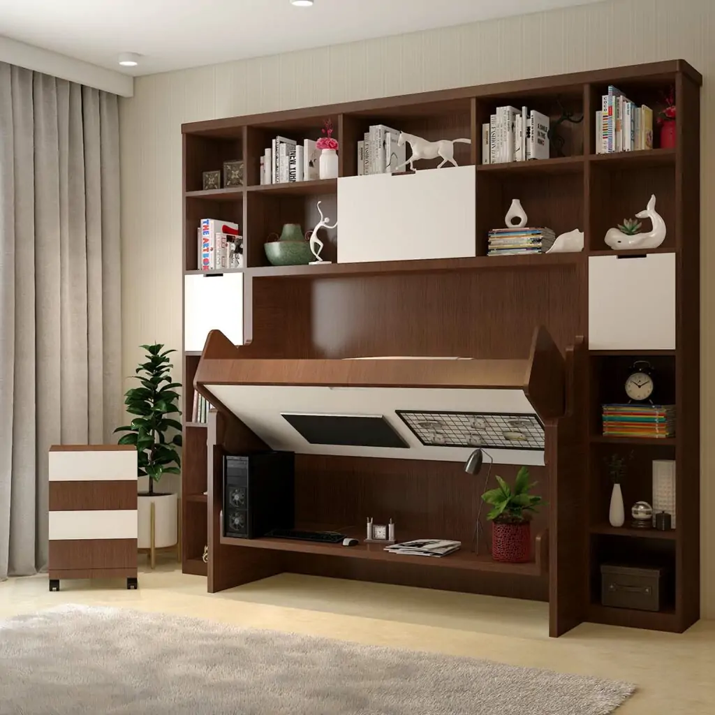 Space saving study table folds down to become a spare bed