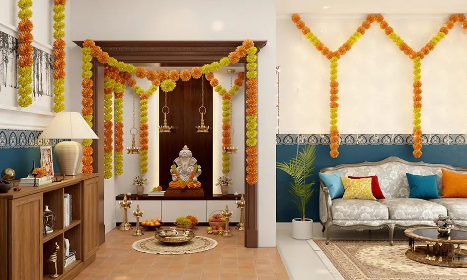 Ugadi pooja room decorated with traditional fresh flowers garlands and beautiful lamps