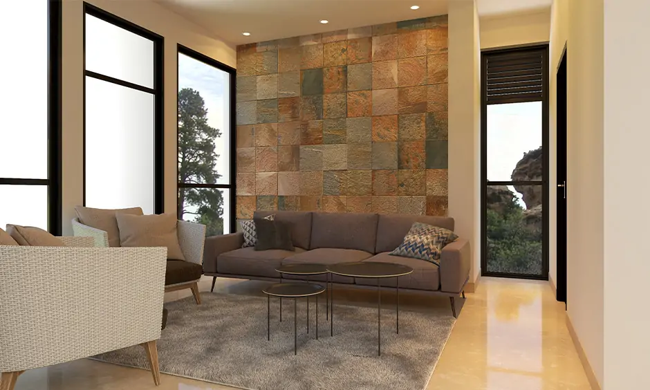 Stone wall texture design in the living room, adding rustic elegance appeal