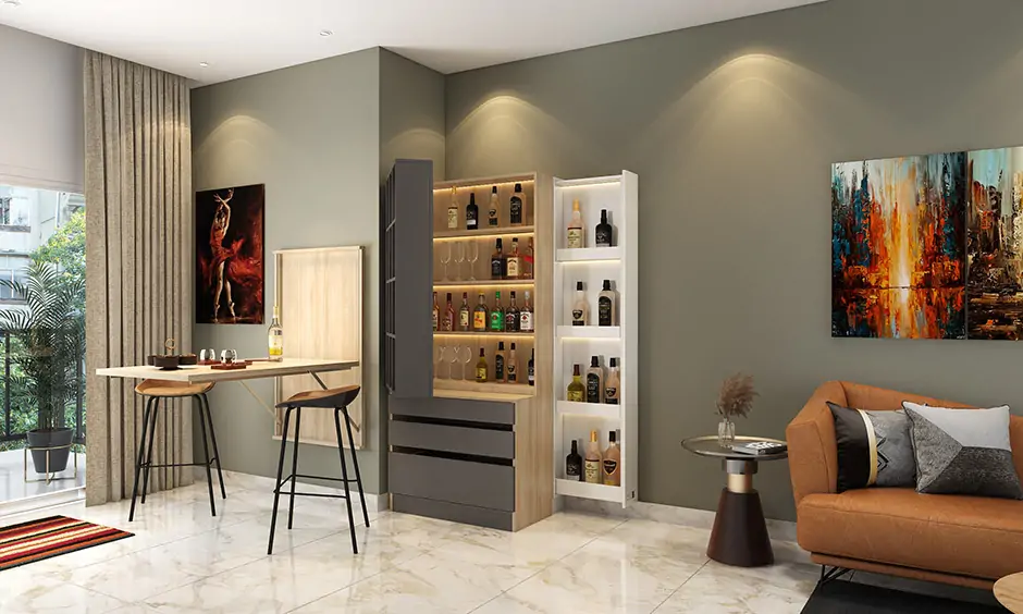 Store room design for hidden bar cabinet which blend style and storage