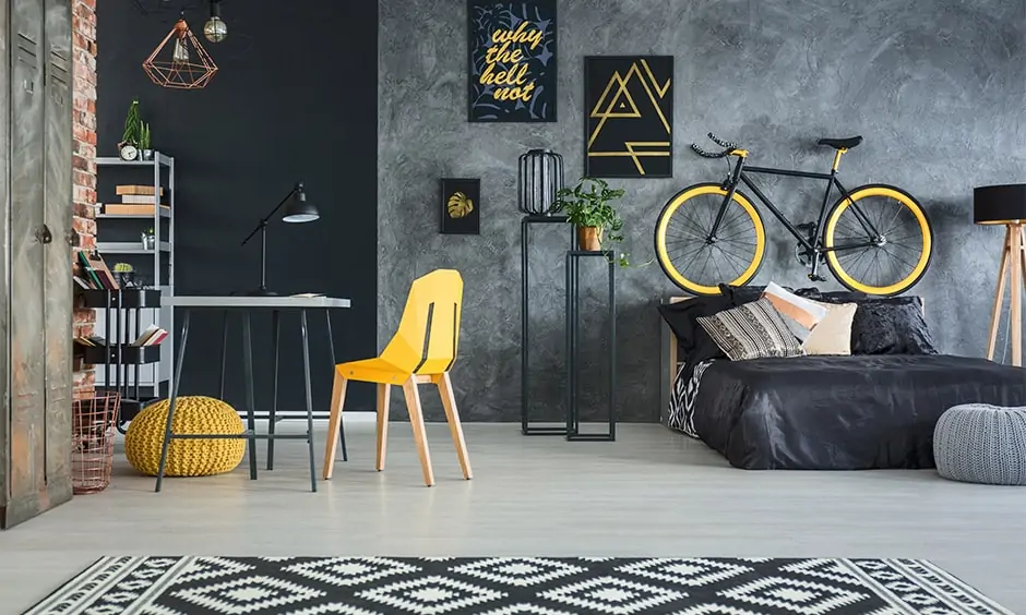 Studio apartment interior design with dark hues wall paints