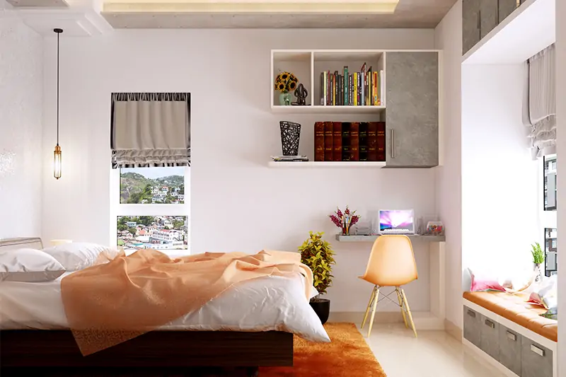 Study area in bedroom has great views of the outside courtesy of large windows and the best bedroom study design idea