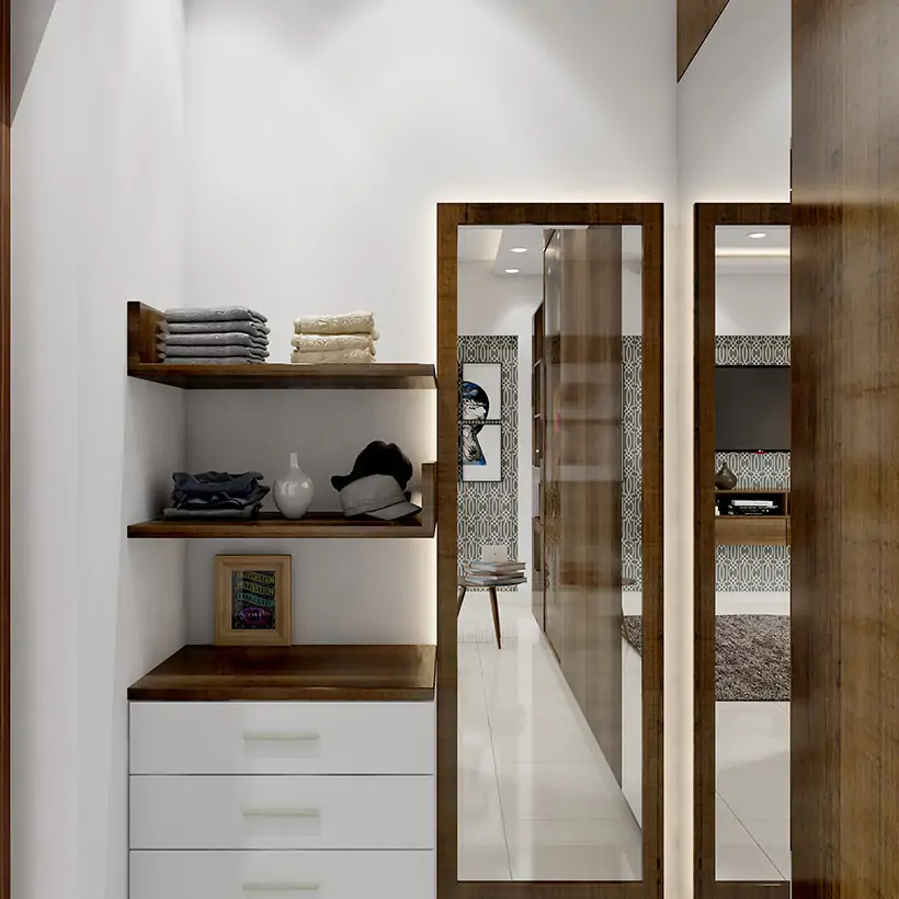 Dressing cabinet design is quite smart, with set of drawers mounted on the wall to make stylish dressing room design