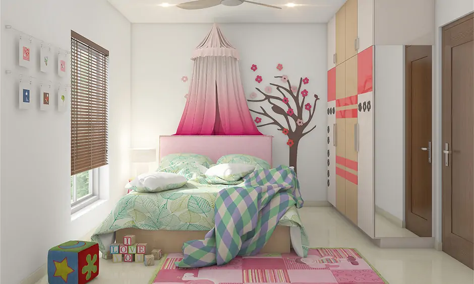 Kids wardrobe design with fresh colours like vibrant pink, dark beige and white look beautiful & push to open doors.