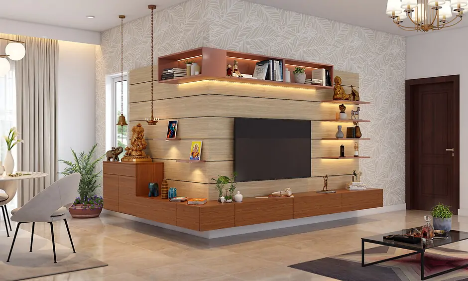 Wooden wrap-around TV unit cum mandir as a living room storage