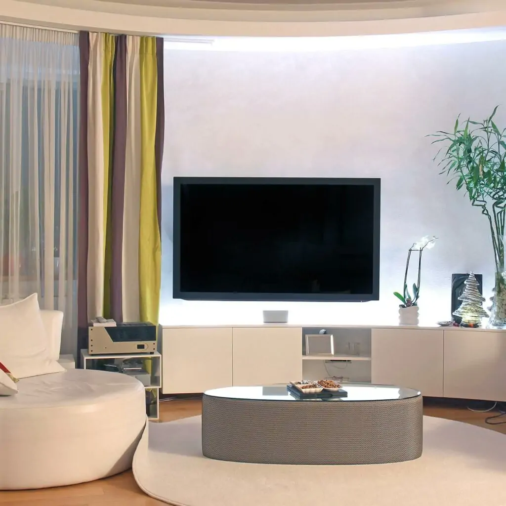 Tv wall design idea for living room with built in storage which creates a spot for your valuable items